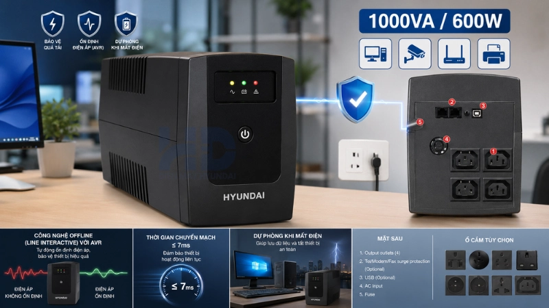 Bộ lưu điện Offline 1000VA Hyundai HD-1000VA chính hãng