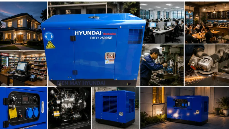 Máy phát điện chạy dầu 10kVA Hyundai DHY12500SE chính hãng là giải pháp cung cấp nguồn điện dự phòng phù hợp cho nhiều nhu cầu sử dụng từ gia đình đến cửa hàng, văn phòng và cơ sở sản xuất.