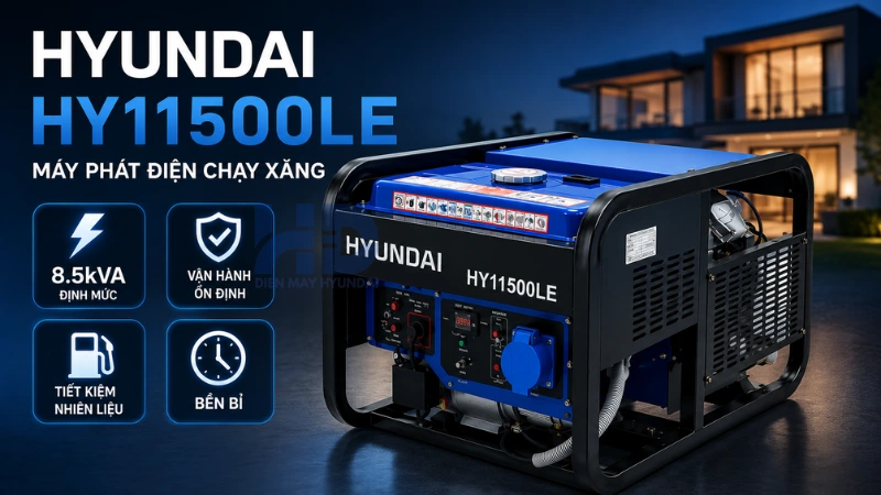 Máy phát điện chạy xăng công suất tối đa 9.5kVA HYUNDAI HY11500LE chính hãng, vận hành mạnh mẽ, tiết kiệm nhiên liệu, phù hợp cho gia đình và doanh nghiệp
