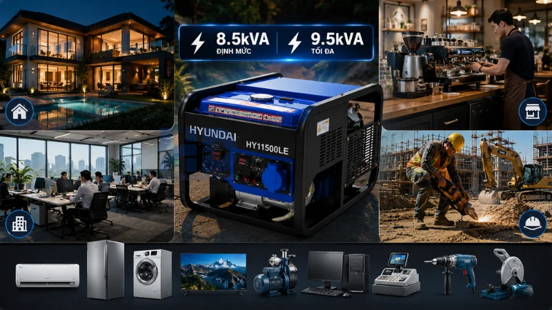 Máy phát điện chạy xăng công suất tối đa 9.5kVA HYUNDAI HY11500LE chính hãng, vận hành mạnh mẽ, tiết kiệm nhiên liệu, phù hợp cho gia đình và doanh nghiệp