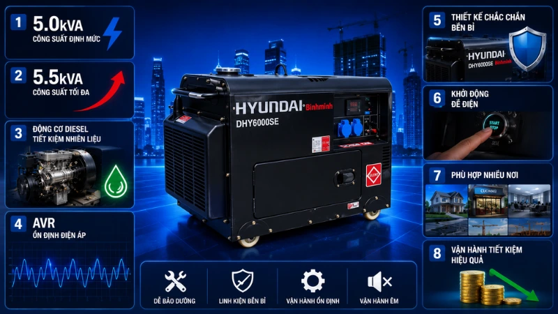 Lợi ích khi sử dụng máy phát điện chạy dầu 5kVA Hyundai DHY6000SE chính hãng