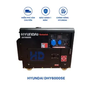 Máy phát điện diesel vỏ chống ồn công suất tối đa 5.5KVA HYUNDAI DHY6000SE chính hãng, vận hành êm ái, tiết kiệm nhiên liệu, phù hợp cho gia đình và doanh nghiệp.