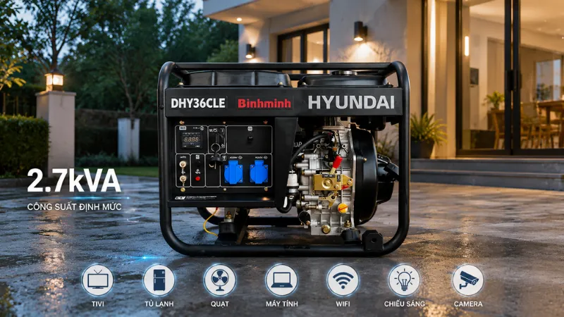 Máy phát điện chạy dầu 2.7kVA Hyundai dhy36cle chính hãng