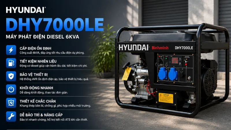 Máy phát điện chạy dầu 6kVA Hyundai DHY7000LE chính hãng