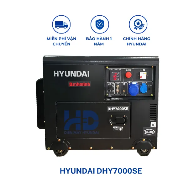 Máy phát điện diesel vỏ chống ồn công suất tối đa 6.5KVA HYUNDAI DHY7000SE chính hãng, vận hành êm ái, tiết kiệm nhiên liệu, phù hợp cho gia đình và doanh nghiệp.