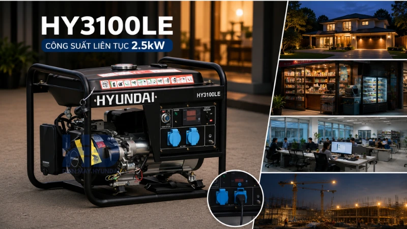 Máy phát điện chạy xăng 2.5kW Hyundai HY3100LE chính hãng là giải pháp cung cấp nguồn điện dự phòng phù hợp cho gia đình, cửa hàng...