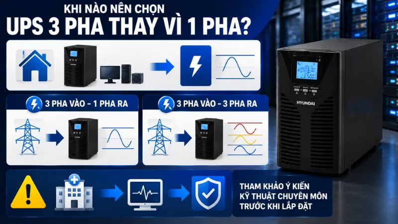 Khi nào chọn 3 pha thay vì 1 pha UPS Hyundai chính hãng