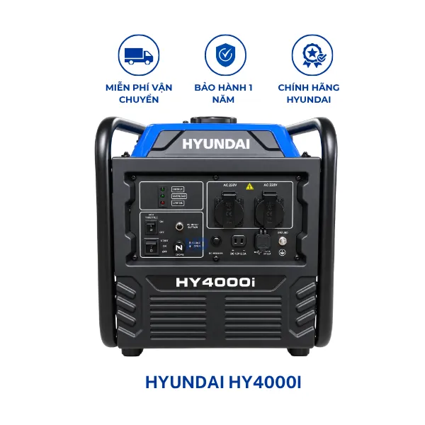 Máy phát điện chạy xăng công suất 4KVA Hyundai HY4000i chính hãng, tiết kiệm nhiên liệu, phù hợp gia đình và cửa hàng nhỏ.